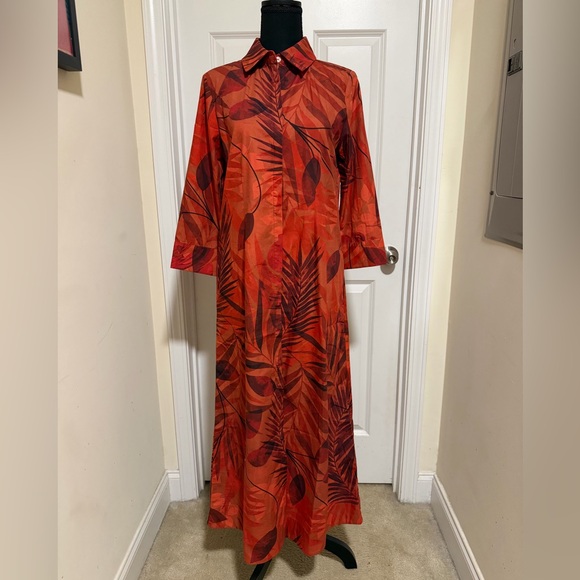 Perlavera Dresses & Skirts - New with Tags Perlavera Cassie Red Leaf Pattern Button Down Maxi Dress sz Small